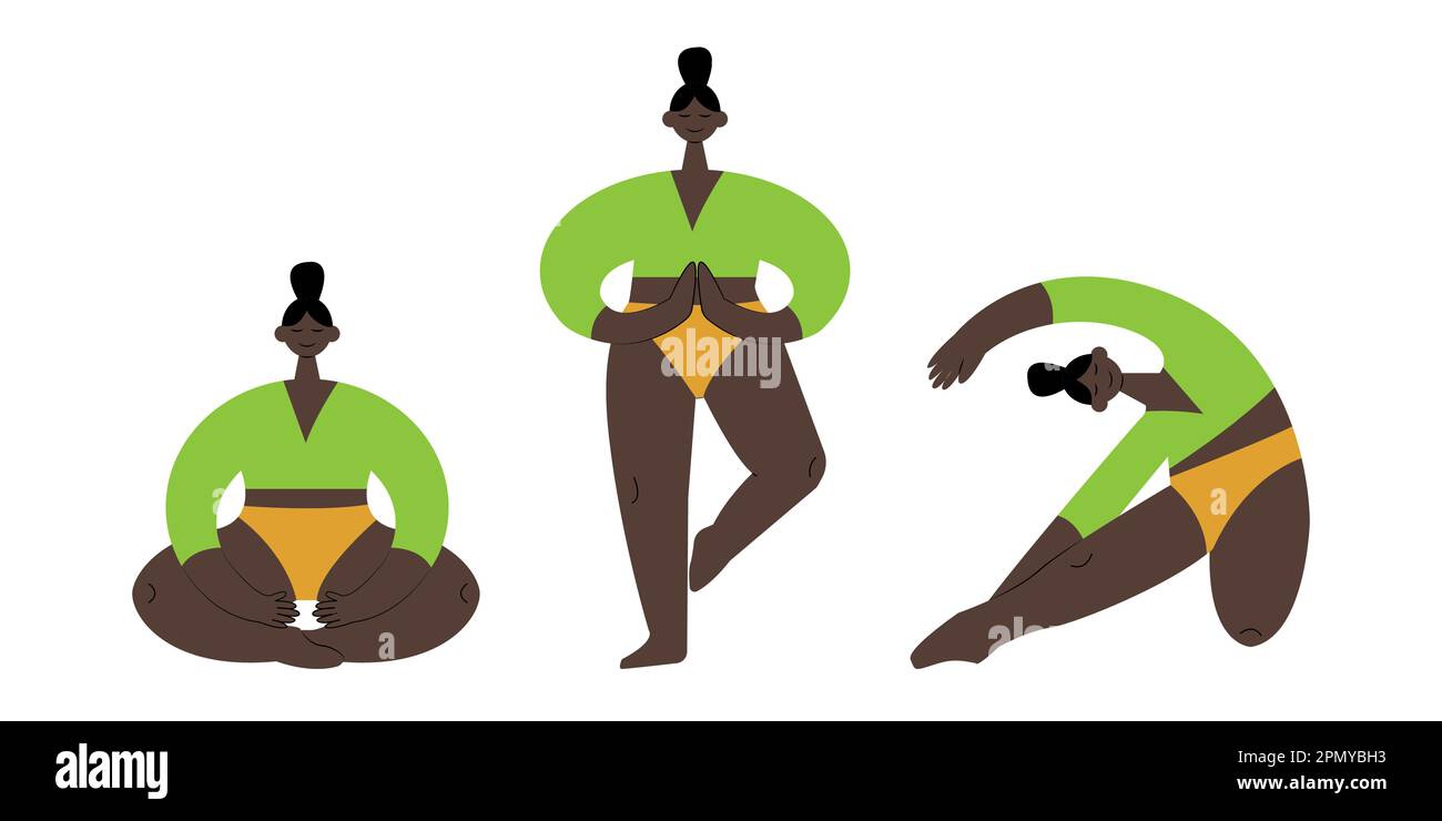 Temps de yoga. Pose de yoga. Femmes exercice sportif, Fitness, entraînement dans différentes poses, étirement. Illustration vectorielle plate Illustration de Vecteur