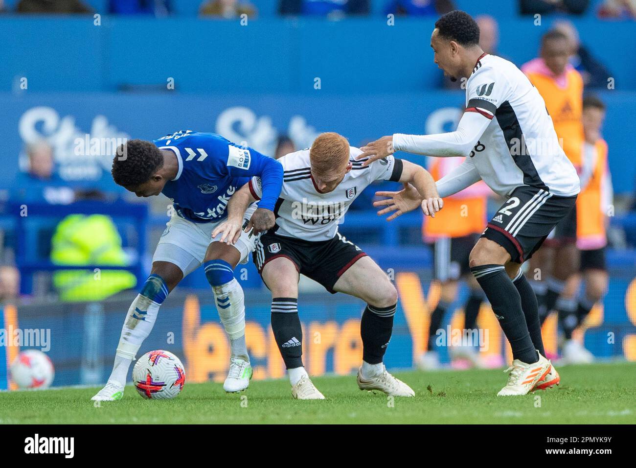Demarai Gray #11 d'Everton F.C s'est attaqué par Harrison Reed #6 de Fulham lors du match de Premier League entre Everton et Fulham à Goodison Park, Liverpool, le samedi 15th avril 2023. (Photo : Mike Morese | MI News) Credit: MI News & Sport /Alay Live News Banque D'Images