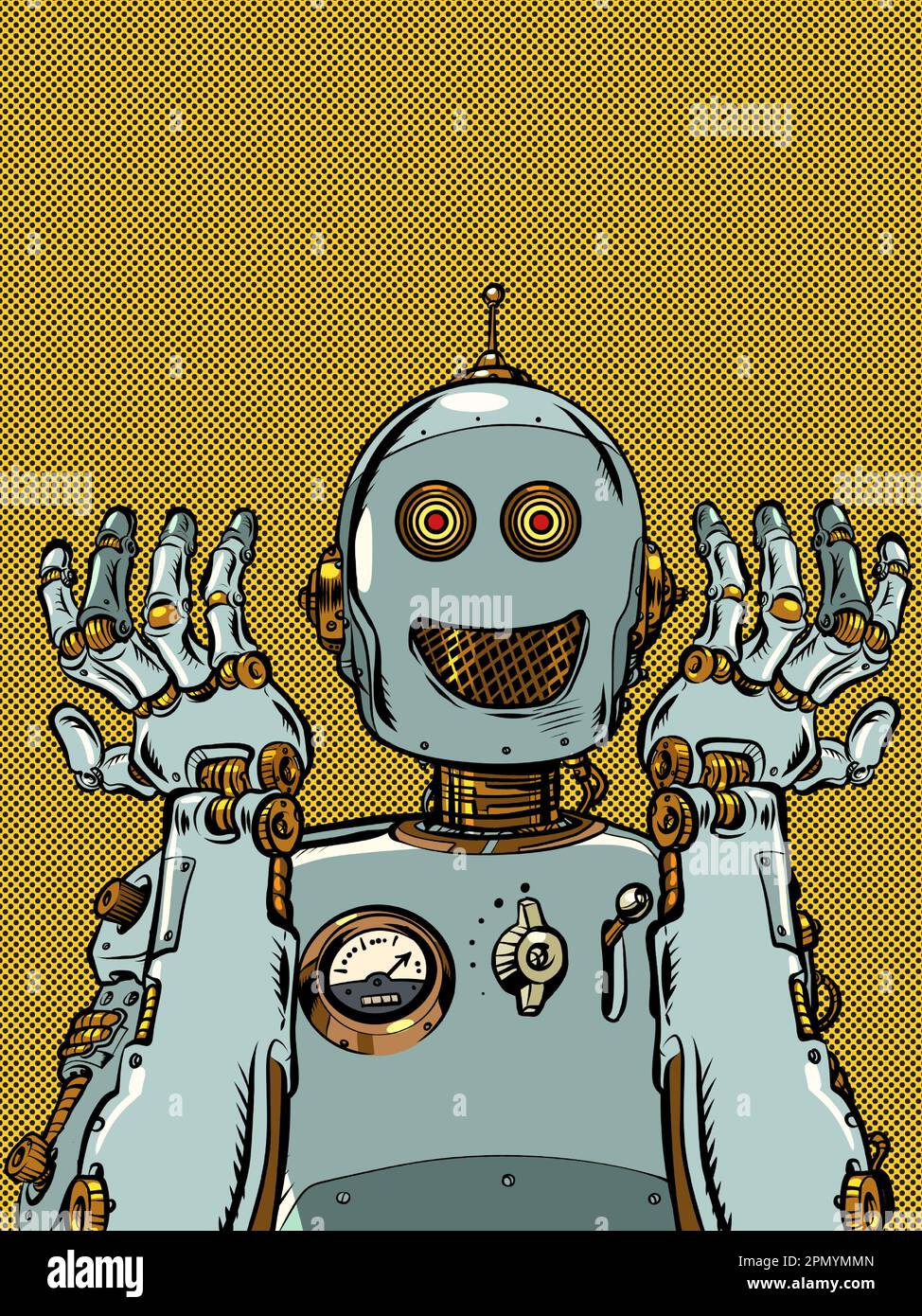 Les robots font partie de nous. Le robot rétro en acier émotif sourit. Assistant dans tous les domaines. Pop Art rétro Illustration de Vecteur