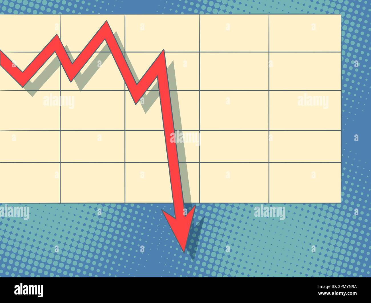 La crise aggrave la performance. Le graphique rouge diminue. L'effondrement des prix, des investissements et des stocks.Pop Art Retro Illustration de Vecteur