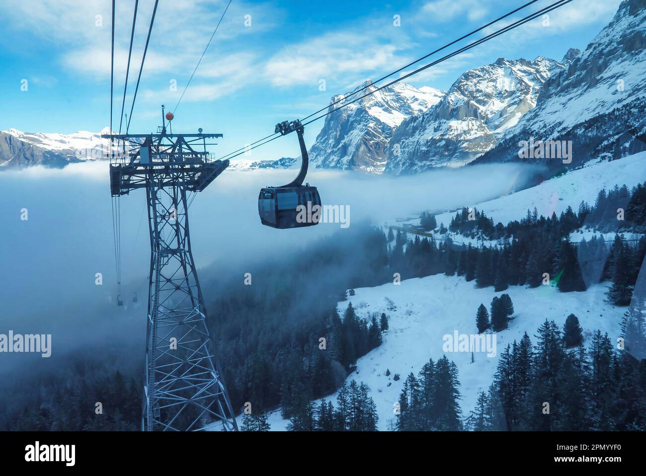 Télécabine se déplaçant au-dessus de la forêt au milieu des montagnes enneigées Banque D'Images