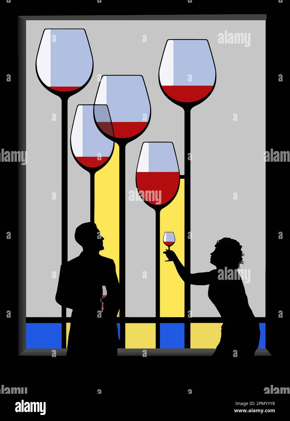 Un homme et une femme interagissent alors qu'ils boivent du vin devant un vitrail de verre de lunettes et de couleur dans cette illustration vectorielle. Illustration de Vecteur