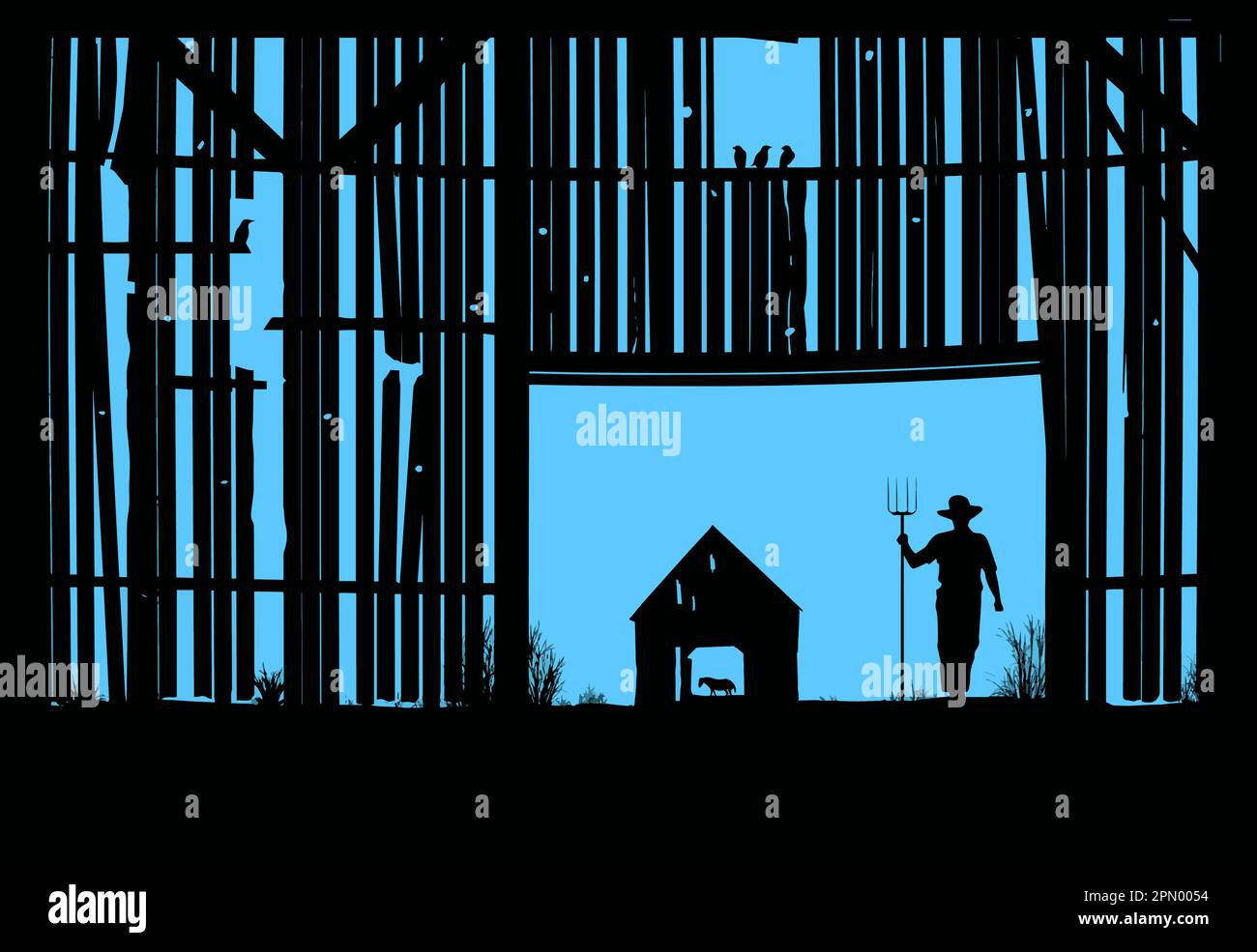 Un fermier avec une fourche est vu silhoueté comme il se tient dans la porte d'une ancienne et dilapidée grange dans une image vectorielle. Illustration de Vecteur