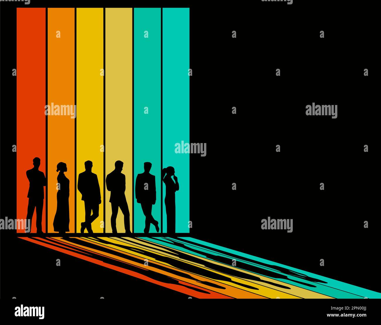 Un groupe de personnes est silhoueté sur un fond rayé coloré dans un vecteur. Illustration de Vecteur