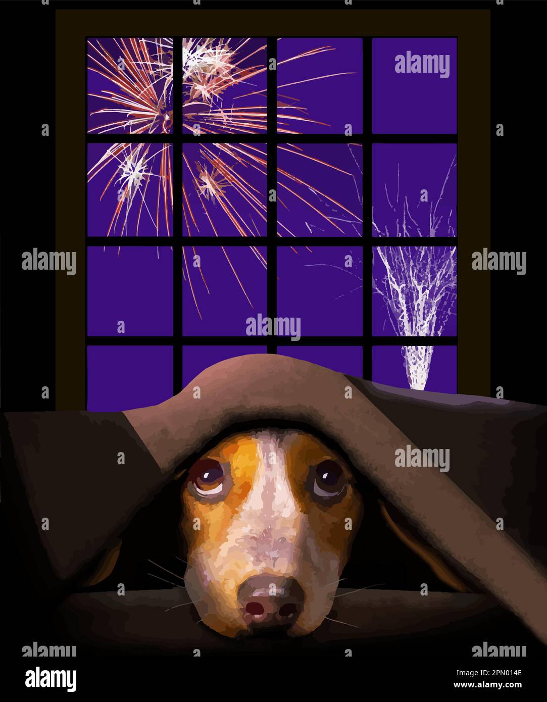 Un adorable petit chien Beagle croque sous une couverture comme feux d'artifice explosent à l'extérieur de la fenêtre derrière lui. Illustration de Vecteur
