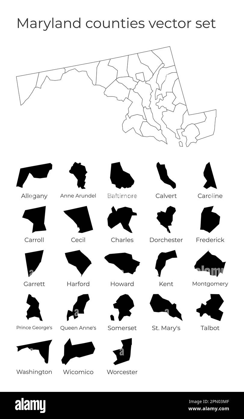 Carte du Maryland avec les formes des régions. Carte vectorielle vierge de l'état des États-Unis avec les comtés. Frontières de l'état américain pour votre infographie. Illustration de Vecteur