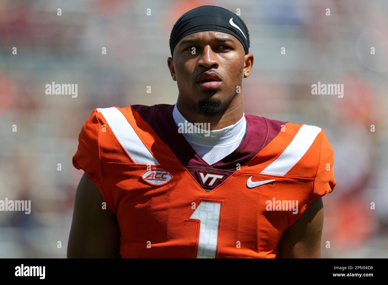 April 15, 2023: Virginia Tech Hokies quarterback Kyron Drones (1) before the Virginia Tech Football Spring Game at Lane Stadium in Blacksburg, Virginia. Greg Atkins/CSM(Credit Image: © Greg Atkins/Cal Sport Media) (Cal Sport Media via AP Images) Banque D'Images