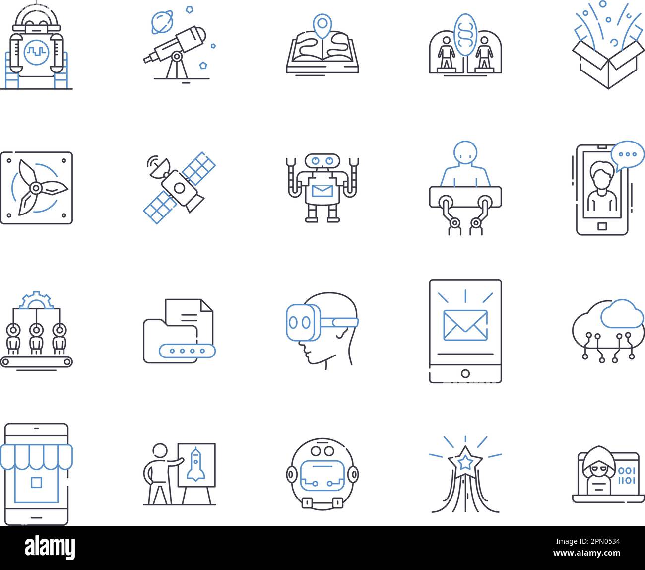 Collection d'icônes de contour d'intelligence artificielle. IA, apprentissage en profondeur, apprentissage machine, robotique, réseaux neuronaux, traitement du langage naturel Illustration de Vecteur