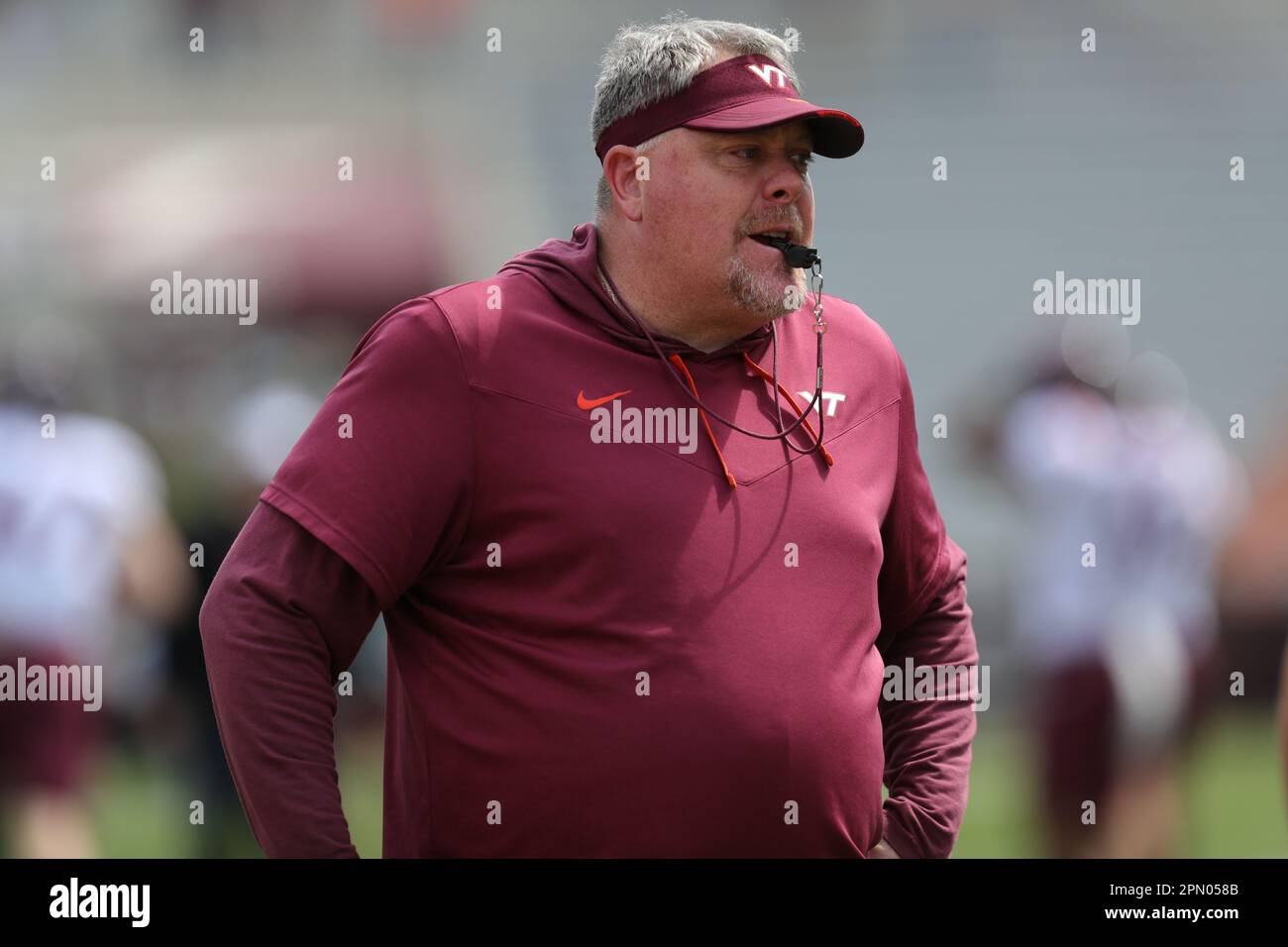 15 avril 2023: Virginia Tech Hokies entraîneur-chef associé/entraîneur de ligne défensive J.C. Prix pendant les échauffements pour le match de printemps de Virginia Tech football au stade Lane à Blacksburg, Virginie. Greg Atkins/CSM Banque D'Images