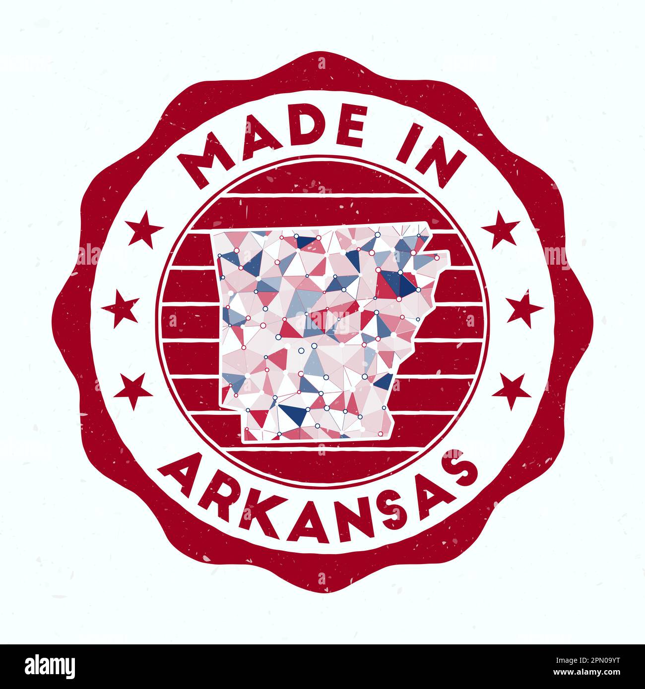 Fabriqué en Arkansas. Timbre rond de l'état AMÉRICAIN. Joint d'Arkansas avec forme de bordure. Badge vintage avec texte circulaire et étoiles. Illustration vectorielle. Illustration de Vecteur
