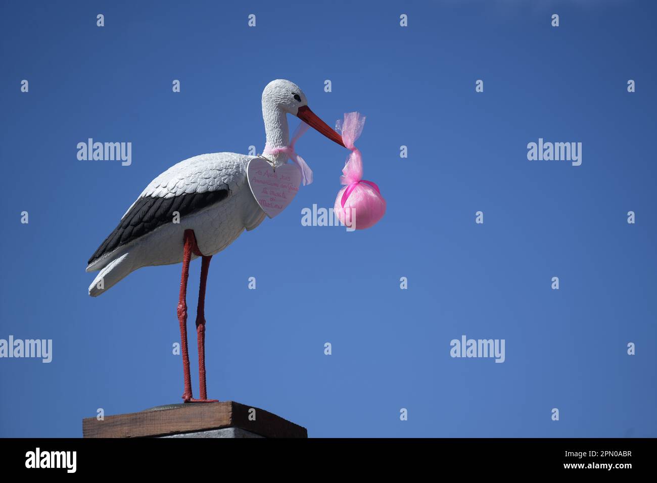 White Stork annonçant la naissance d'une petite fille. Livraison d'un nouveau-né Banque D'Images