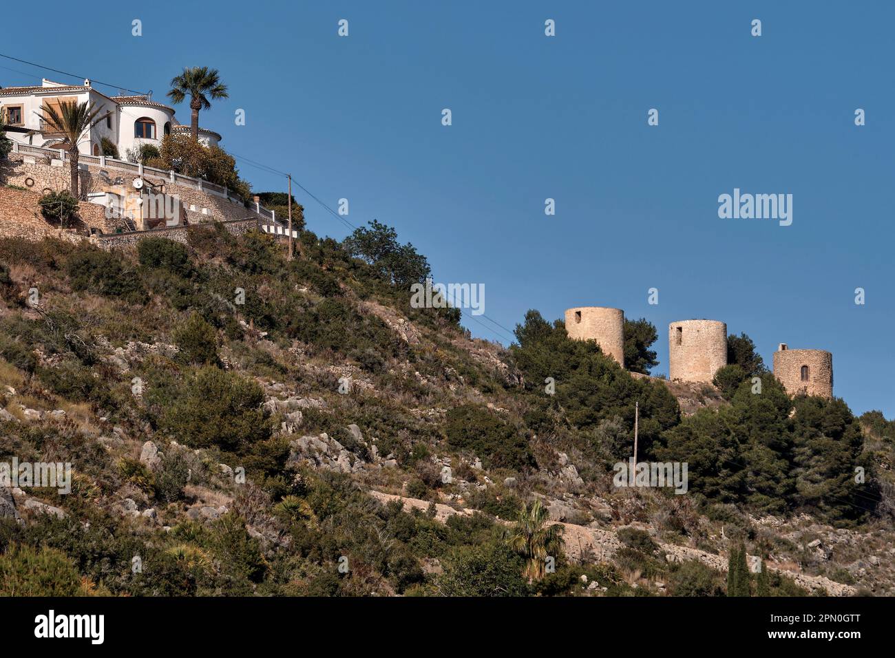 ELS Molins de la Plana de Xàbia (Jávea) anciens moulins à vent cylindriques du 14th et 18th siècle pour moudre des céréales, Alicante, Espagne, Europe Banque D'Images