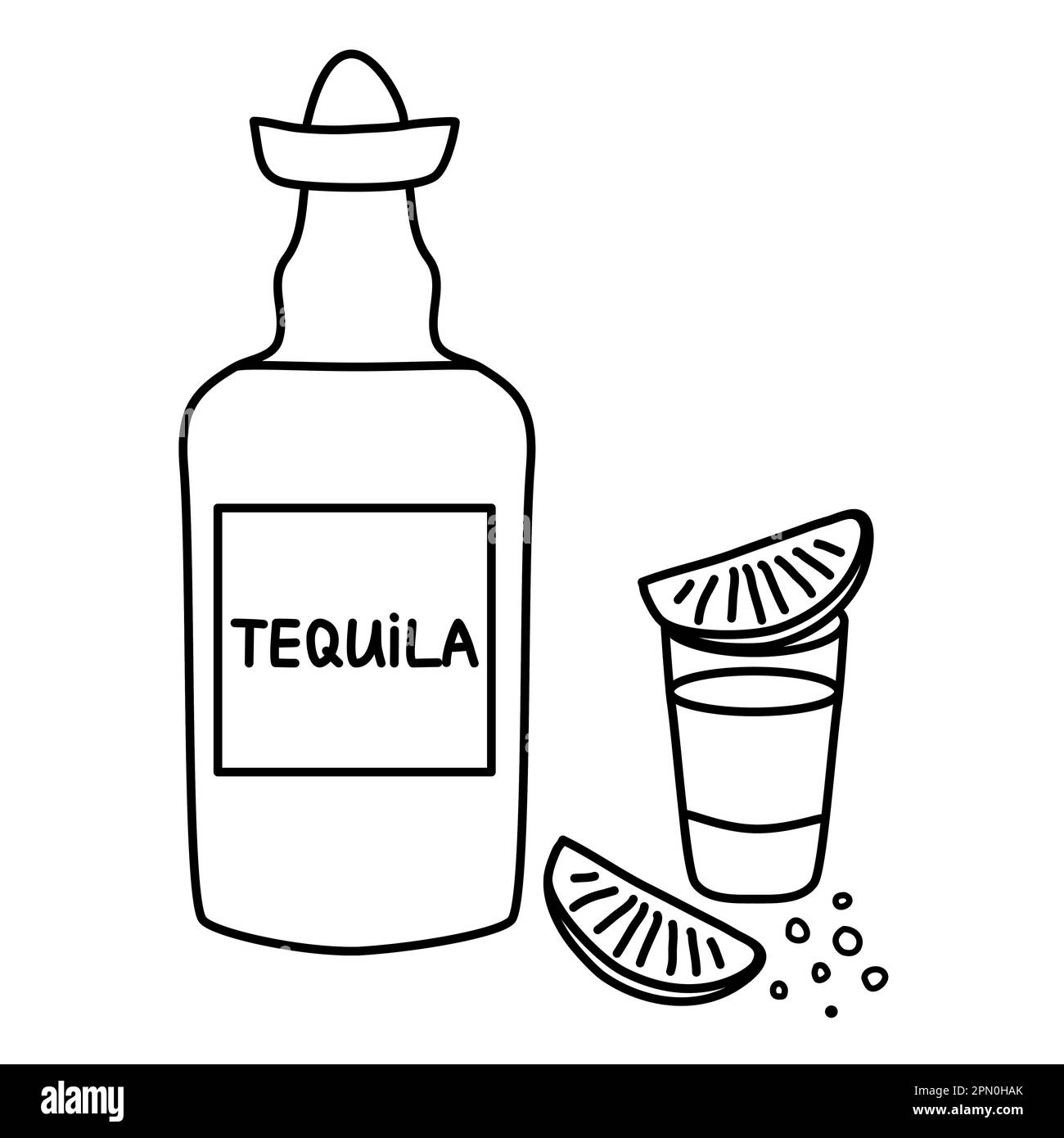 Boisson alcoolisée Tequila, bouteille et dose avec une tranche de lime et sal, style doodle dessin vectoriel plat pour enfants livre de coloriage Illustration de Vecteur