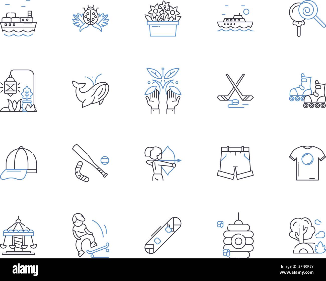 Collection d'icônes de contour été et sport. Été, Sport, Athlétisme, extérieur, natation, Ensemble de concept de bateau, de randonnée et d'illustration. En cours d'exécution Illustration de Vecteur