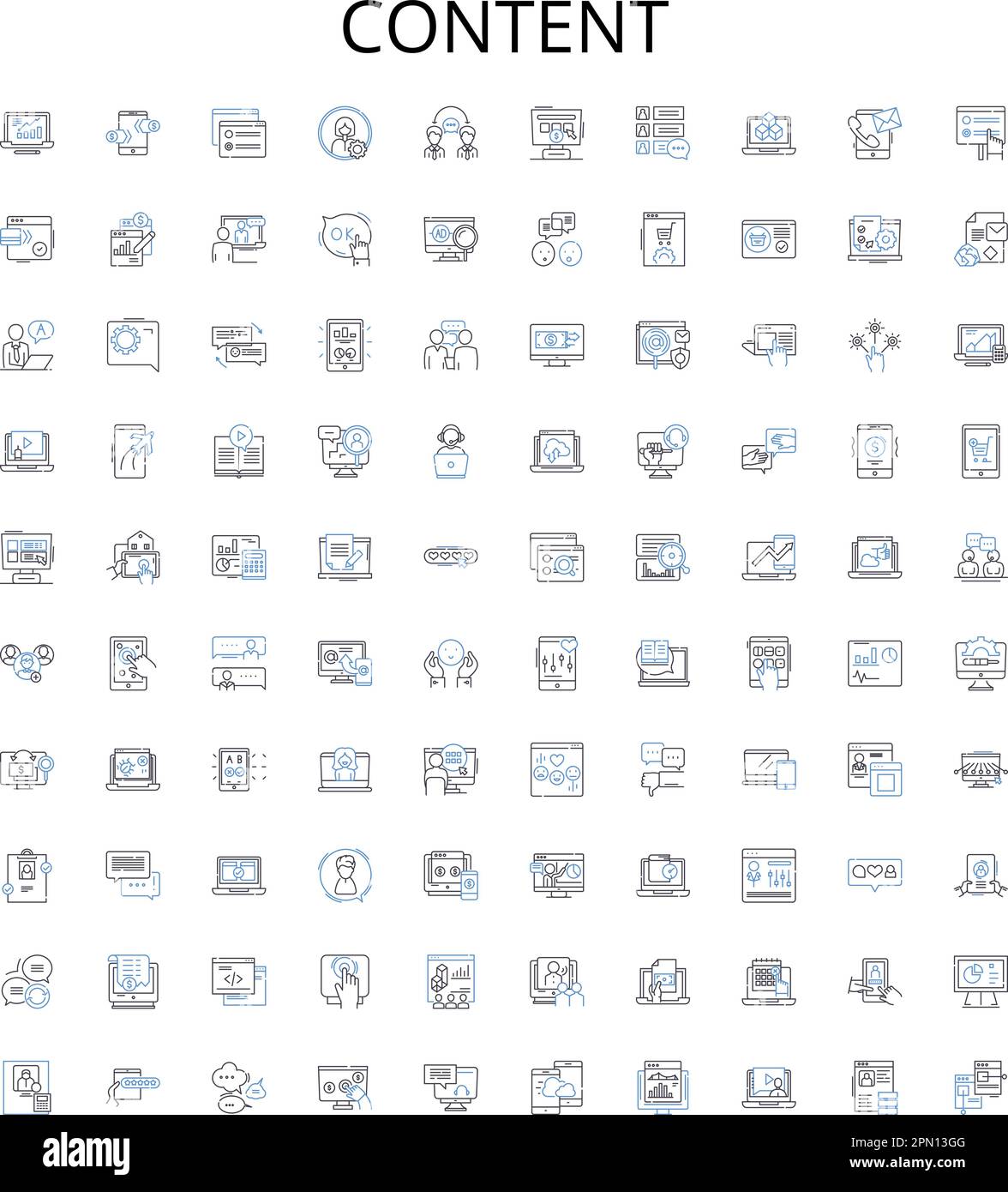 Collection d'icônes de contour de contenu. Contenu, rédaction, informations, texte, ressources, Données, jeu d'illustrations vectorielles du sujet. Sujets, mots, histoires linéaires Illustration de Vecteur