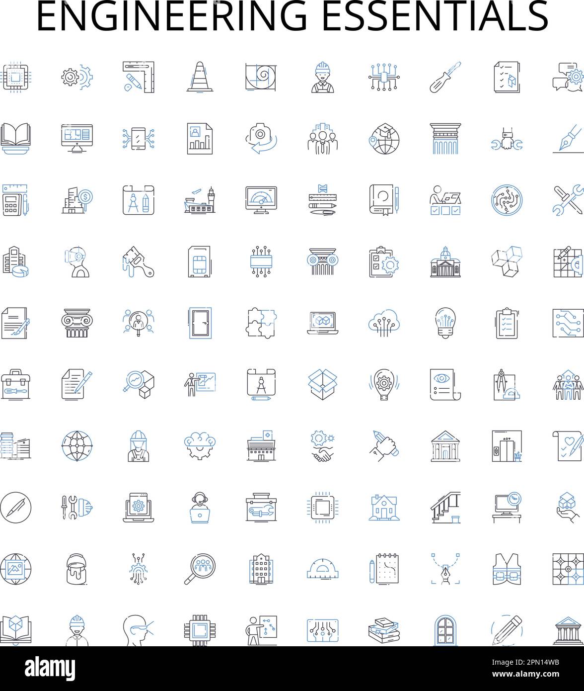 Collection d'icônes de contour Engineering Essentials. Ingénierie, principes de base, conception, fabrication, Sciences de l'ingénierie, Structure, vecteur d'automatisation Illustration de Vecteur