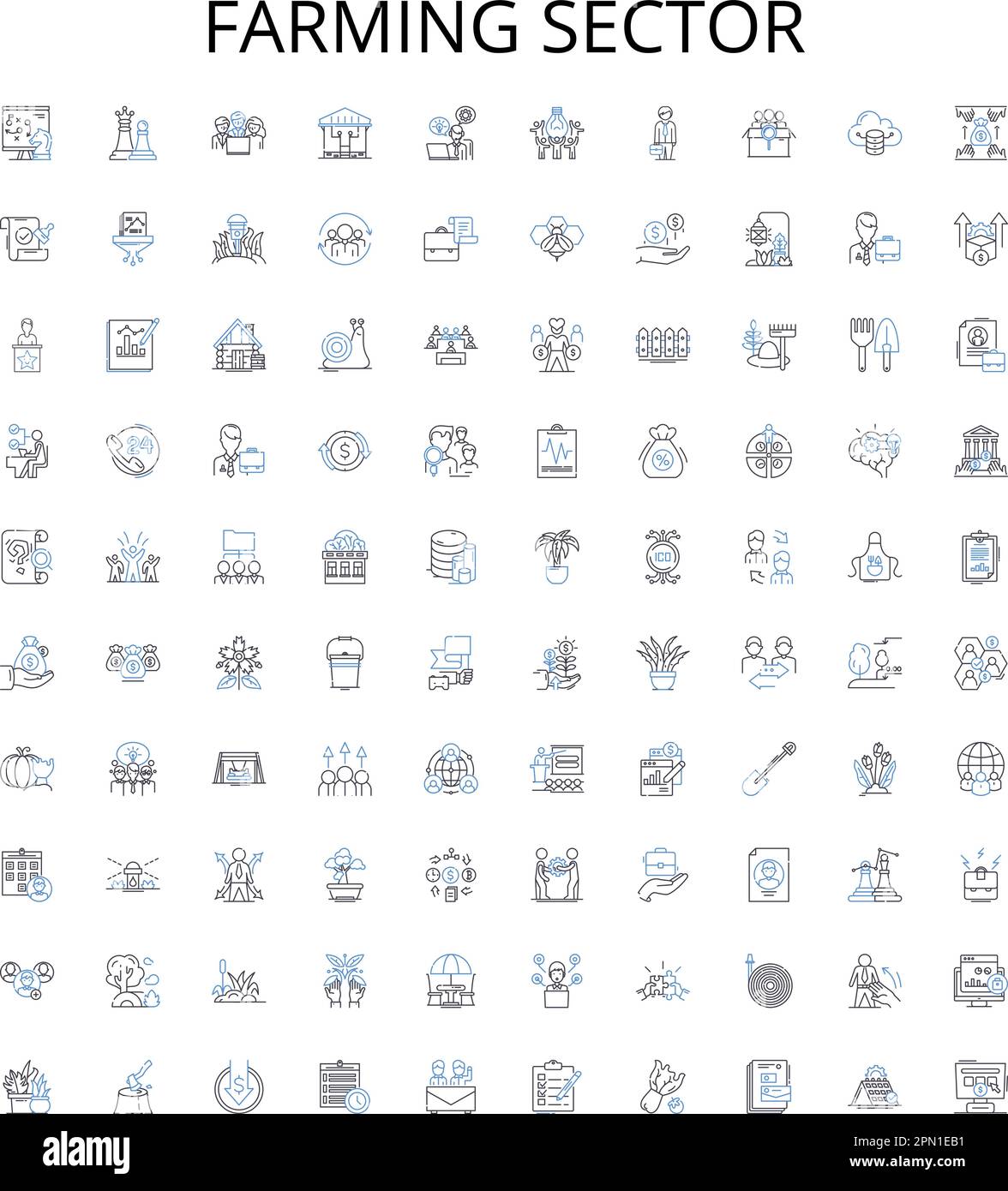 Collection d'icônes de contour du secteur agricole. Agriculture, secteur, Agriculture, cultures, production, Jeu d'illustrations de la récolte, du vecteur de travail du sol. Irrigation, semis Illustration de Vecteur