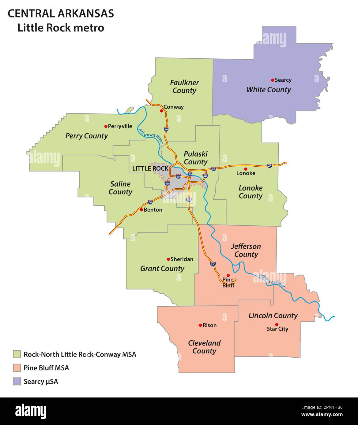 Carte administrative de Central Arkansas, Little Rock Metro, Arkansas, États-Unis Banque D'Images