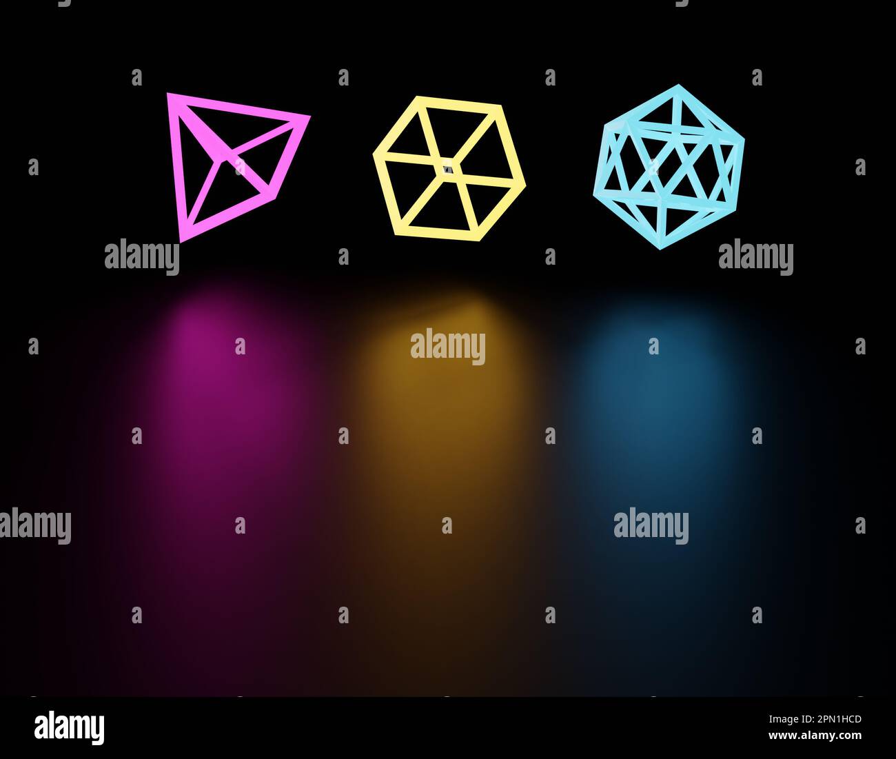 Formes géométriques abstraites lumineuses au néon sur fond sombre, rendu 3D. Objets simples aux couleurs vives, arrière-plan abstrait Banque D'Images