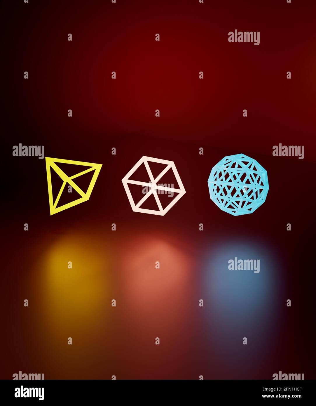 Formes géométriques abstraites lumineuses au néon sur fond sombre, rendu 3D. Objets simples aux couleurs vives, arrière-plan abstrait Banque D'Images