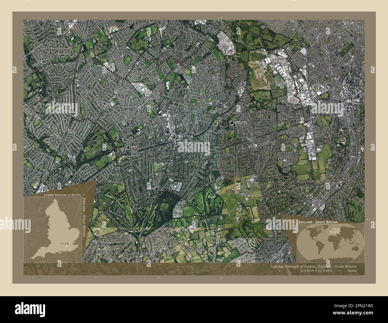 London Borough of Sutton, London borough of England - Grande-Bretagne. Carte satellite haute résolution. Lieux et noms des principales villes de la région. Banque D'Images