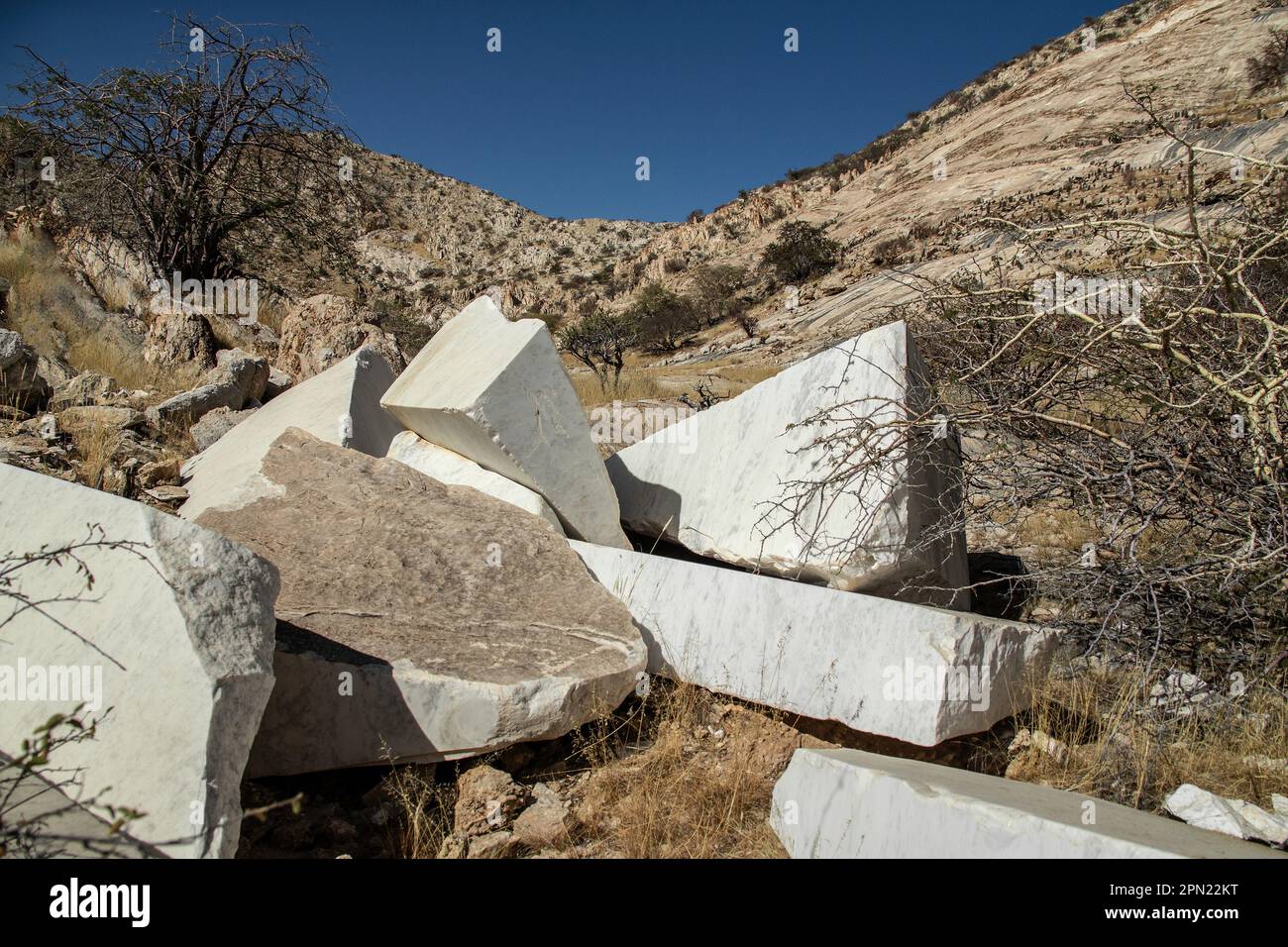 Blocs d'essai de marbre blanc Rhino namibien, rejetés et à gauche sur la colline. Banque D'Images