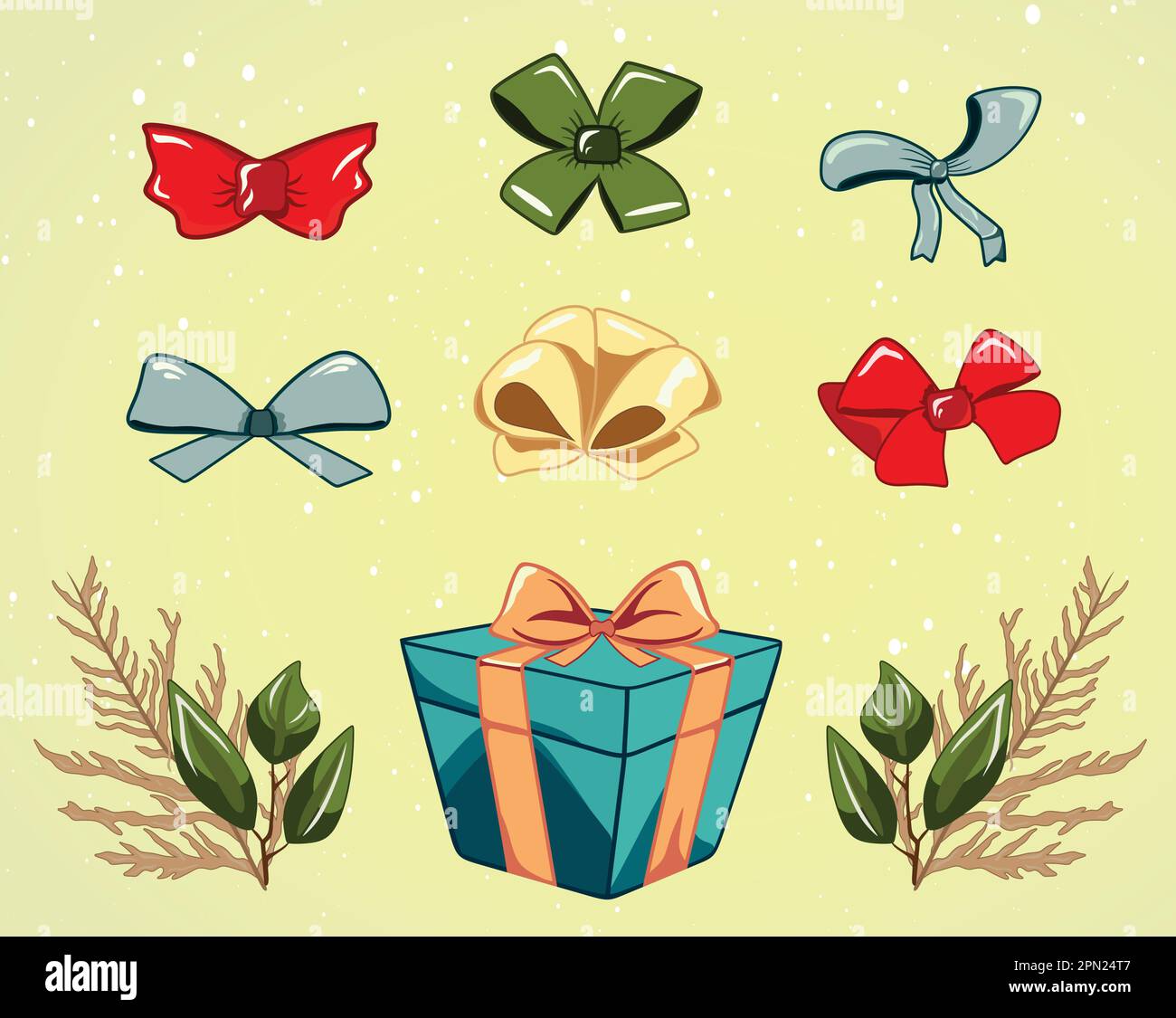 Ensemble de boîtes-cadeaux, collection de cadeaux colorés pour l'anniversaire ou Noël. Boîtes avec ruban et noeud. Fleurs d'hiver Illustration de Vecteur