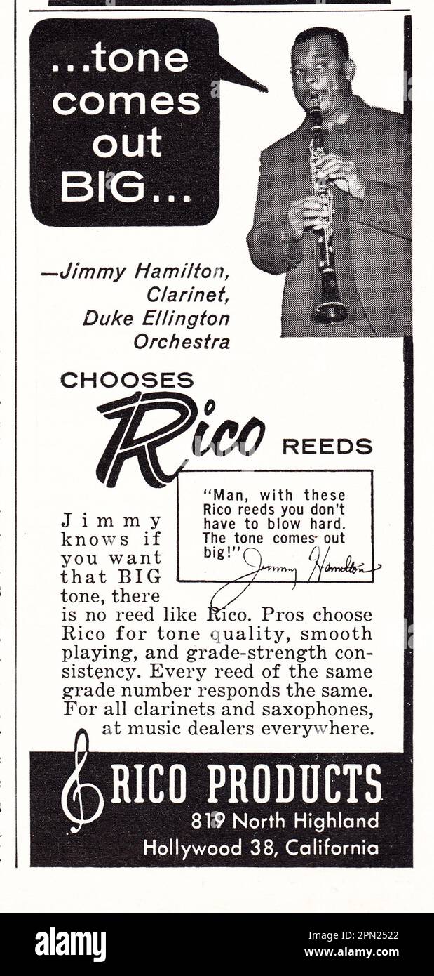 Une annonce d'un magazine musical du début de 1960s pour Rico clarinette Reeds présentant la star du jazz Jimmy Hamilton, qui est bien connue pour être soliste dans l'orchestre de Duke Ellington. Banque D'Images
