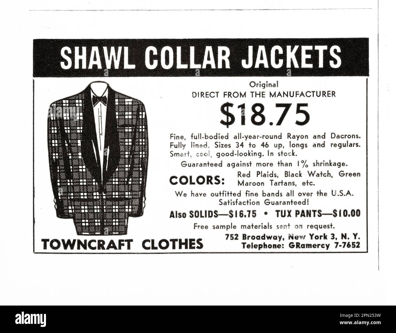Une annonce d'un magazine MID 1950s pour les vestes à col châle. L'utilisation prévue pour les uniformes de bande. Banque D'Images
