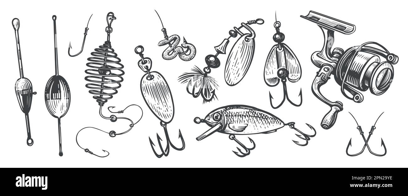 Ensemble d'articles de pêche. Divers articles et accessoires pour la pêche sportive. Capturer un poisson, un concept, une illustration vectorielle d'esquisse Illustration de Vecteur