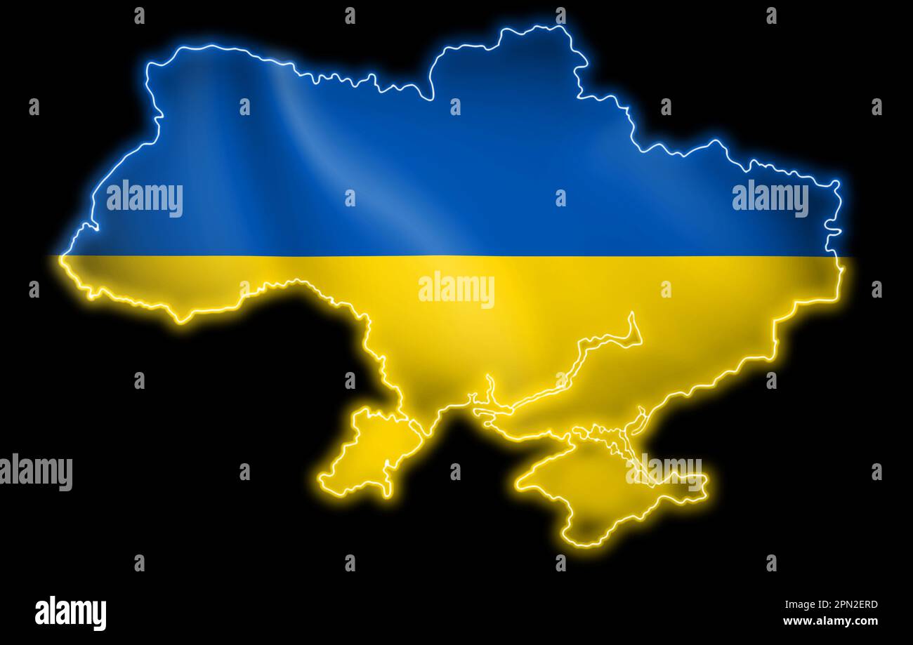 Drapeau de la carte de l'Ukraine sur fond noir, rendu 3D, l'image contient de la transparence Banque D'Images