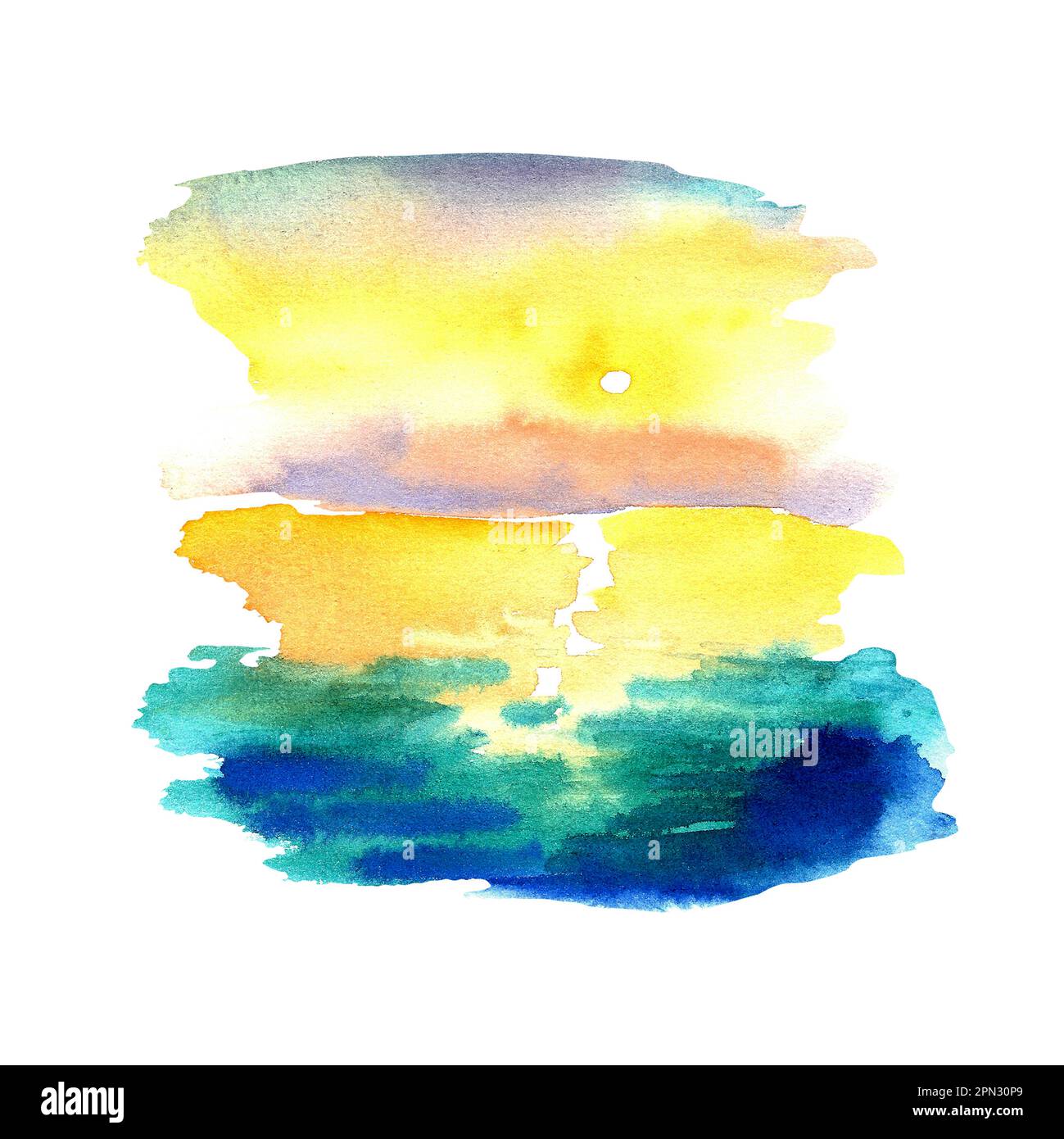Paysage marin. Arrière-plan aquarelle. Belles étendues de la mer. Coucher de soleil. Lever du soleil Banque D'Images
