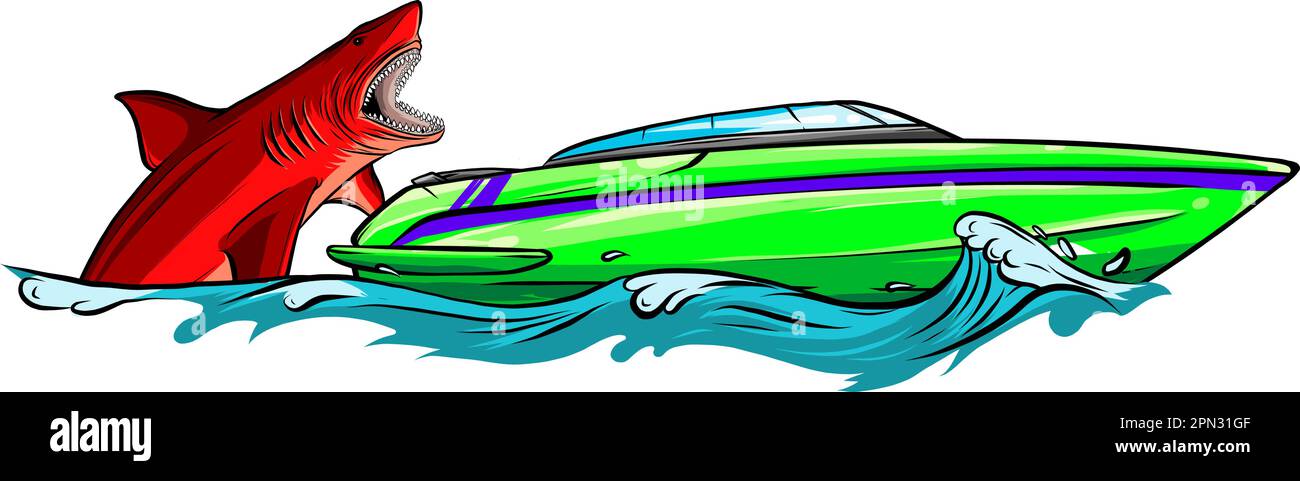 Requin affamé avec un gros bateau d'attaque à mâchoires de l'eau. Illustration de Vecteur