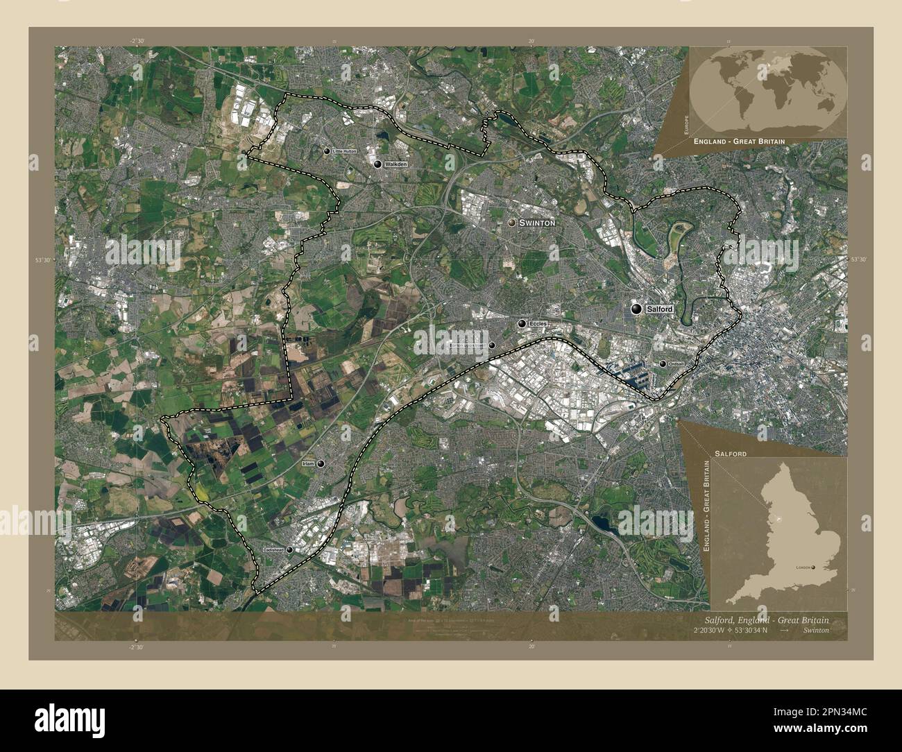 Salford, comté administratif d'Angleterre - Grande-Bretagne. Carte satellite haute résolution. Lieux et noms des principales villes de la région. Angle au Banque D'Images