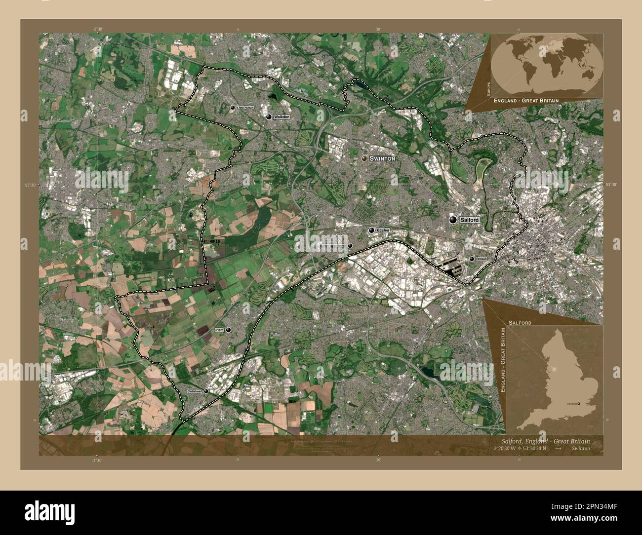 Salford, comté administratif d'Angleterre - Grande-Bretagne. Carte satellite basse résolution. Lieux et noms des principales villes de la région. Angle aux Banque D'Images