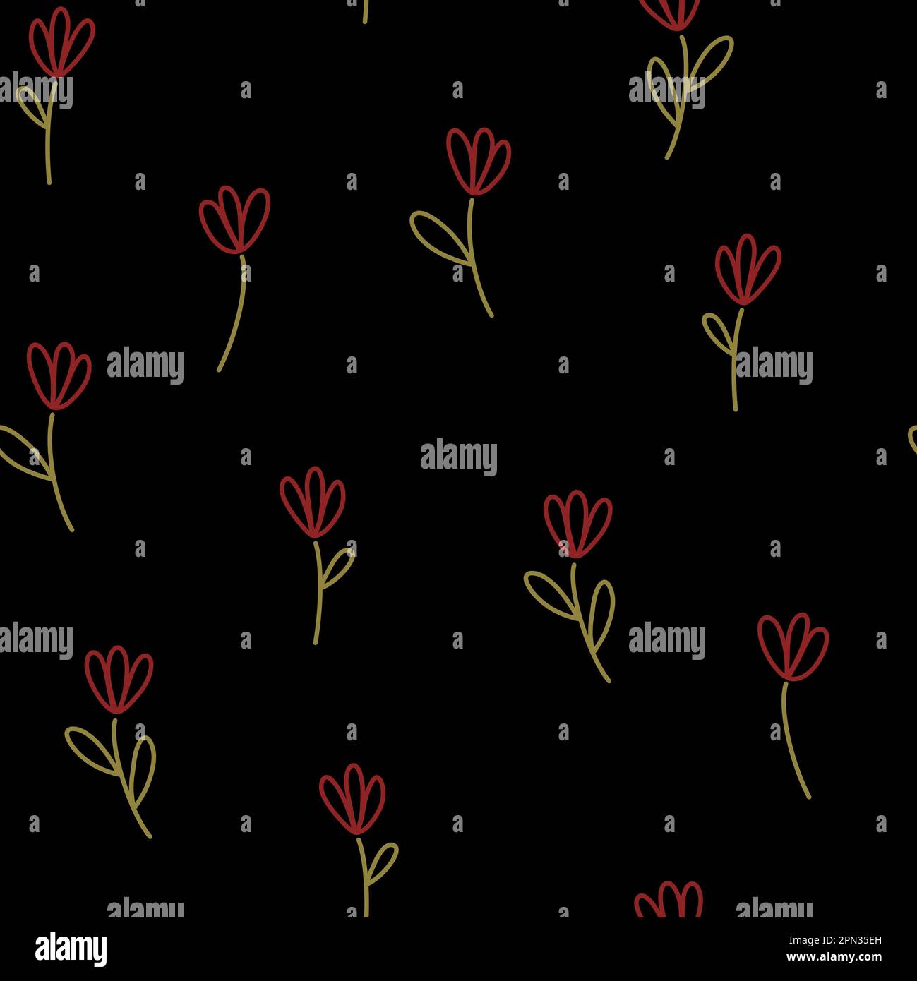 Motif tulipe à gribouts sans coutures. Fleurs rouges dessinées à la main avec tiges sur fond noir Banque D'Images