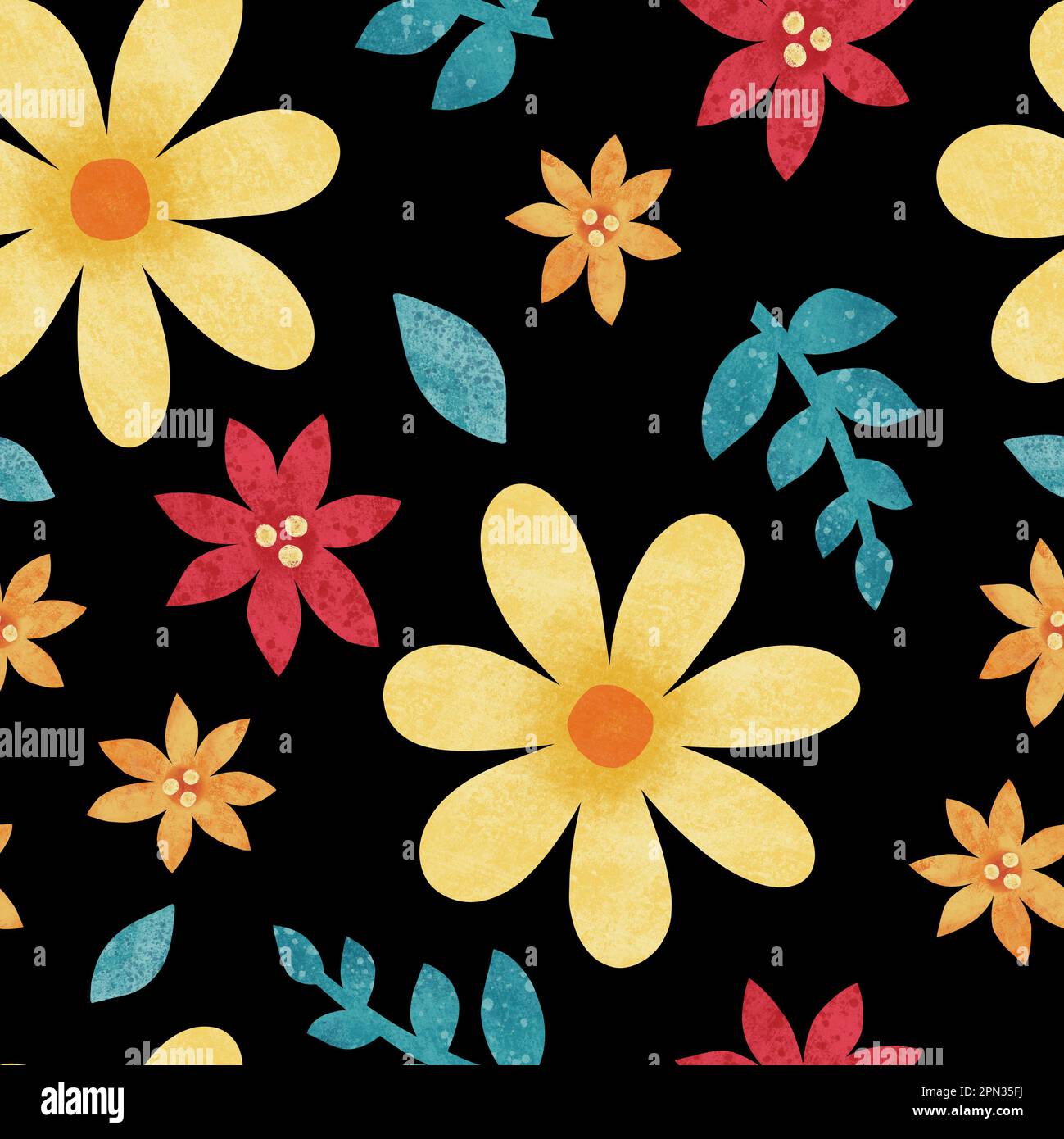 Motif fleuri aquarelle sans couture. Fleurs jaunes et rouges dessinées à la main sur fond noir. Imprimé raster sur toute la surface pour le tissu, le textile ou le papier peint Banque D'Images