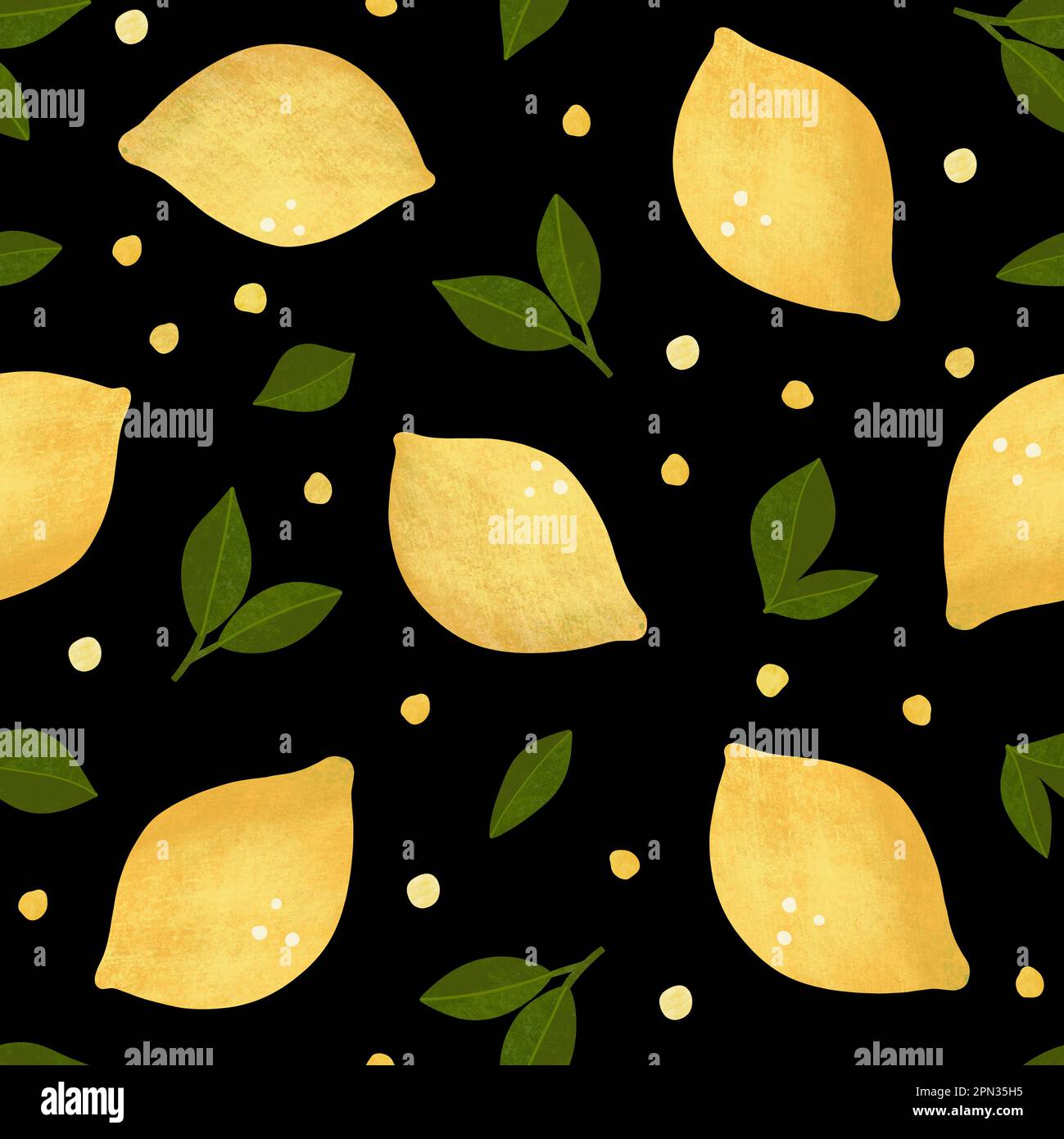 Motif sans coutures citron. Fruits texturés au citron dessinés à la main avec des feuilles et des graines sur fond noir Banque D'Images