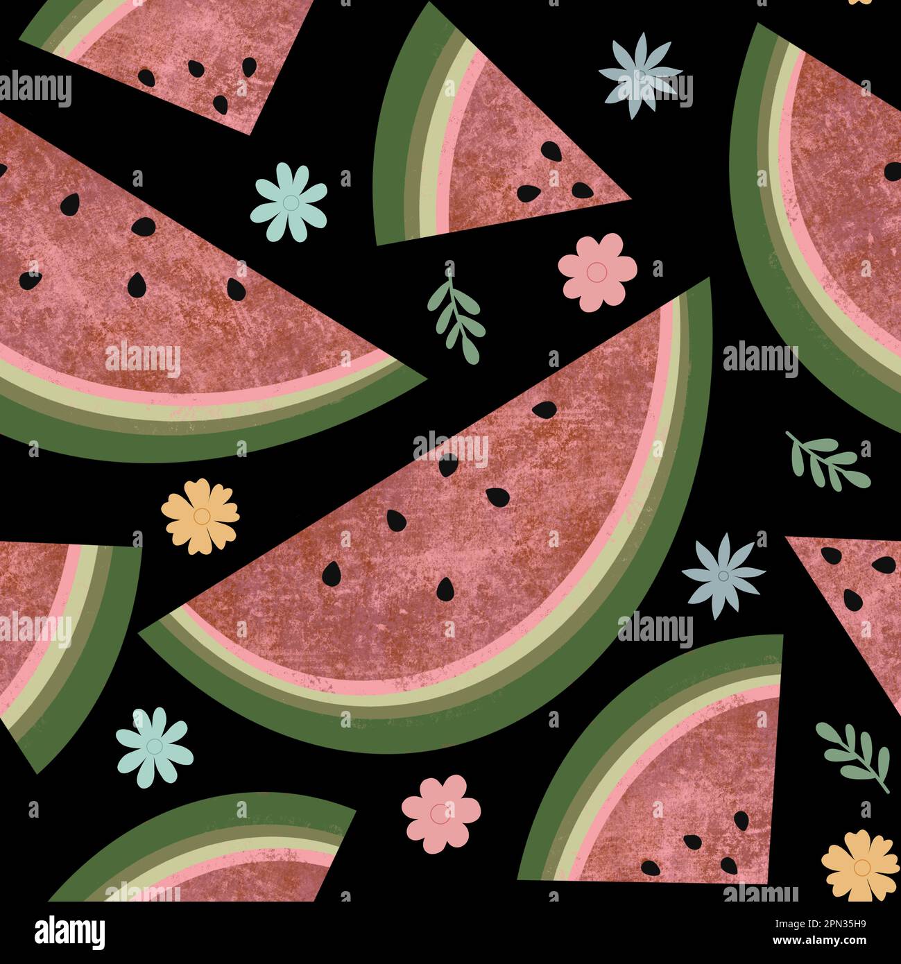 Motif pastèque sans coutures. Imprimé fruits frais d'été sur toute la surface. Tranche texturée de pastèque et de fleurs dessinées à la main sur fond noir Banque D'Images