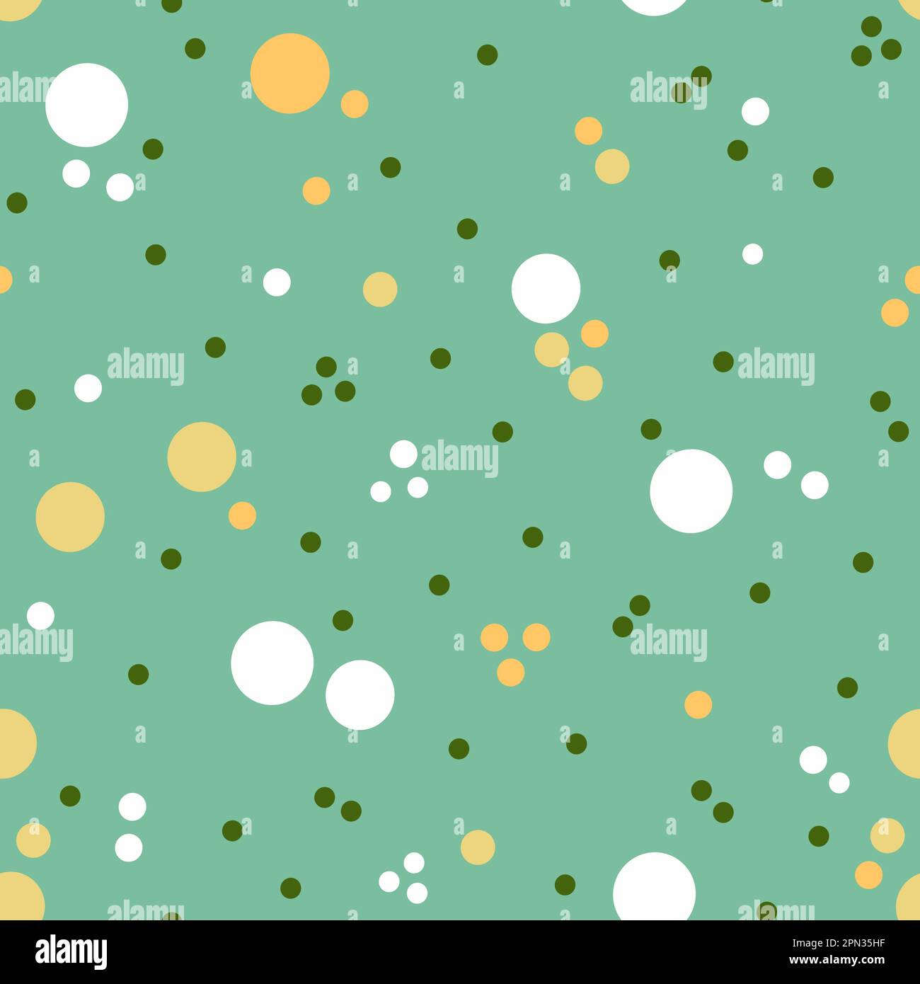 Motif à pois sans couture. Cercles blancs verts et jaunes sur fond vert. Prairie fleurie abstraite. Imprimé printemps sur toute la surface Banque D'Images