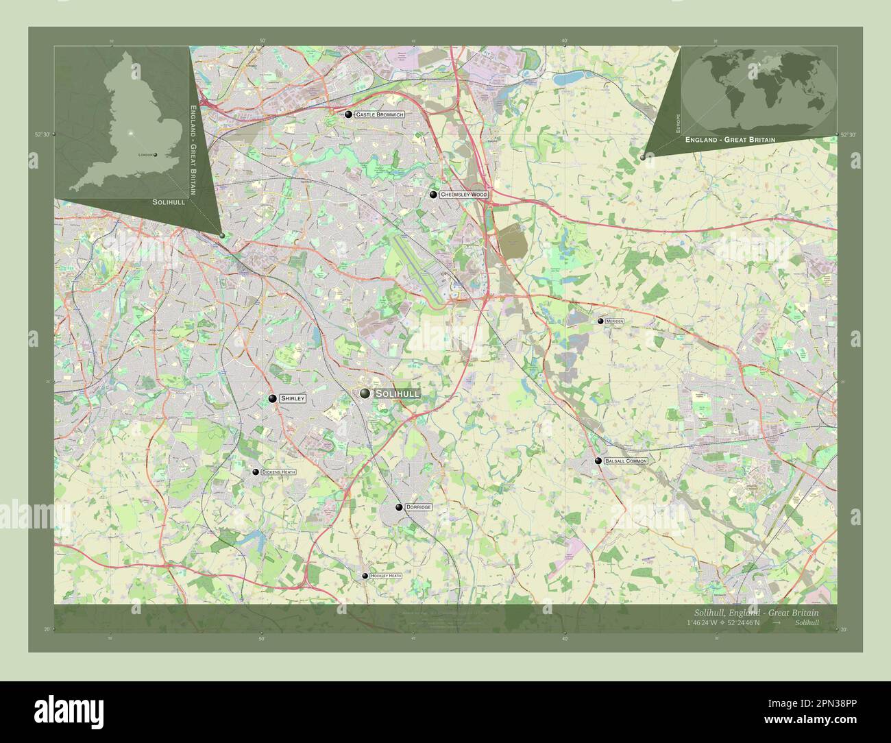 Solihull, autorité unitaire de l'Angleterre - Grande-Bretagne. Ouvrez la carte des rues. Lieux et noms des principales villes de la région. Emplacement auxiliaire du coin Banque D'Images