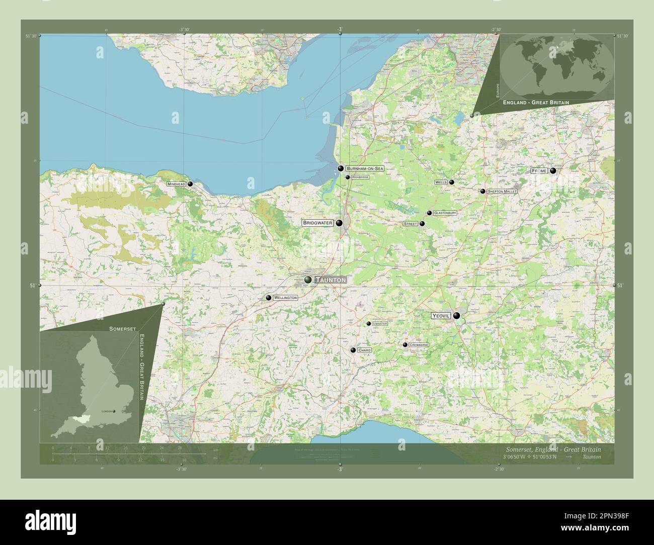 Somerset, comté administratif d'Angleterre - Grande-Bretagne. Ouvrez la carte des rues. Lieux et noms des principales villes de la région. Emplacement auxiliaire d'angle Banque D'Images