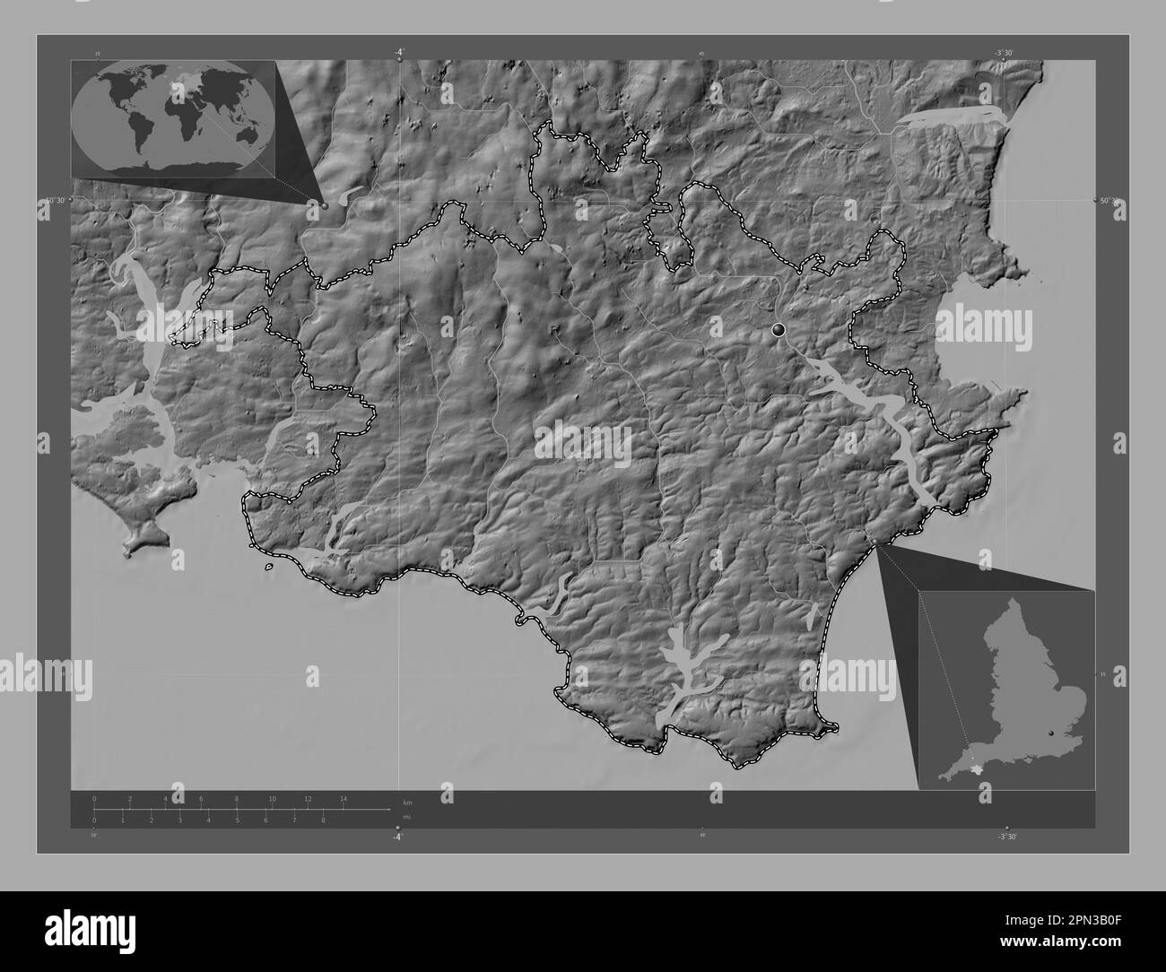 South Hams, quartier non métropolitain d'Angleterre - Grande-Bretagne. Carte d'altitude à deux niveaux avec lacs et rivières. Cartes d'emplacement auxiliaire d'angle Banque D'Images