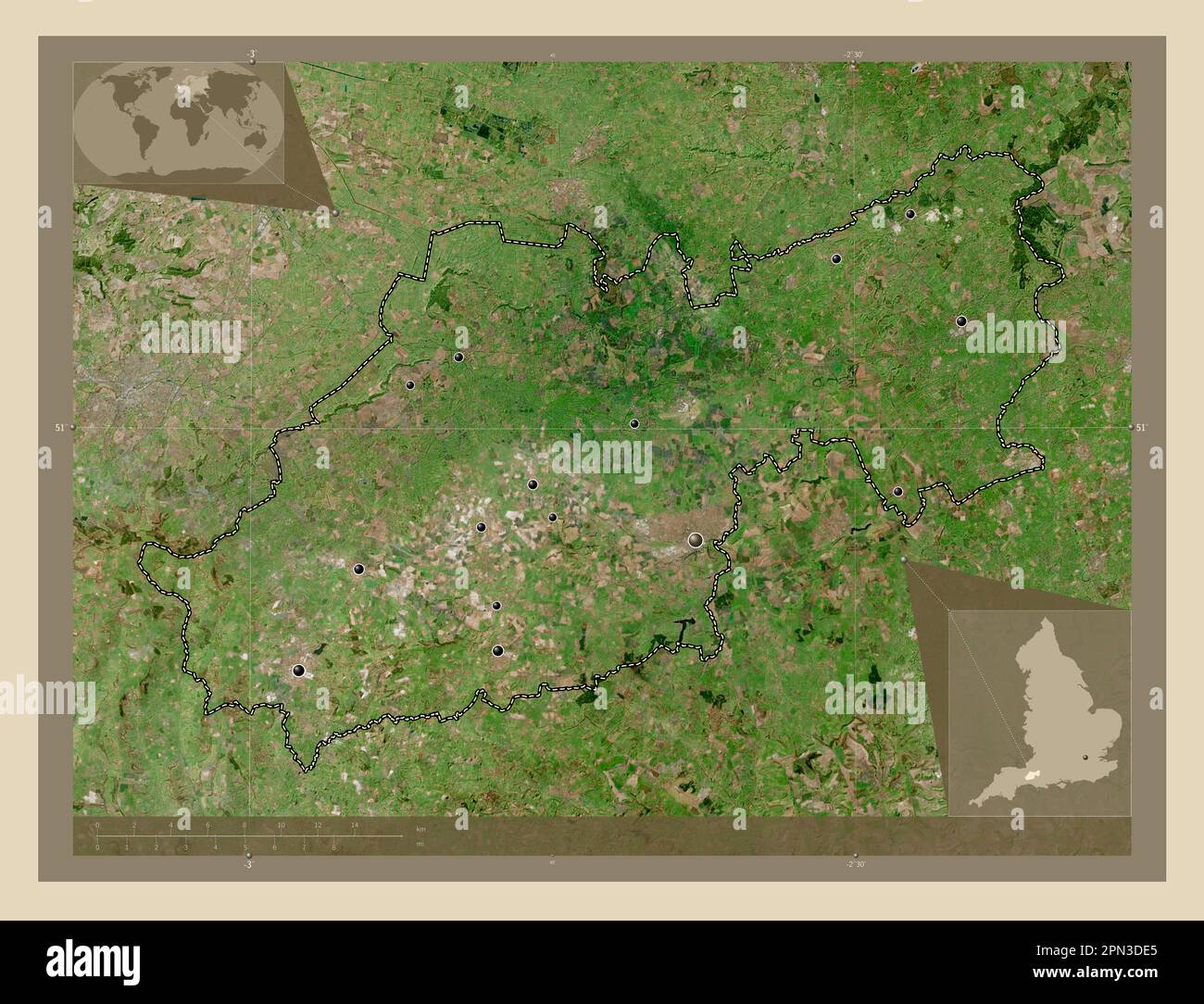 South Somerset, district non métropolitain d'Angleterre - Grande-Bretagne. Carte satellite haute résolution. Lieux des principales villes de la région. Coin a Banque D'Images