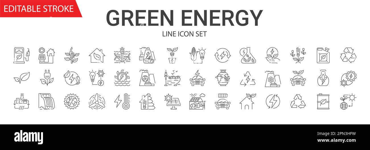 Ensemble d'icônes linéaires à vecteur d'énergie vert. Voiture électrique, centrale nucléaire, énergie éolienne, panneaux solaires, énergie verte, ressource en eau, biocarburant, pollution de l'air, gl Illustration de Vecteur