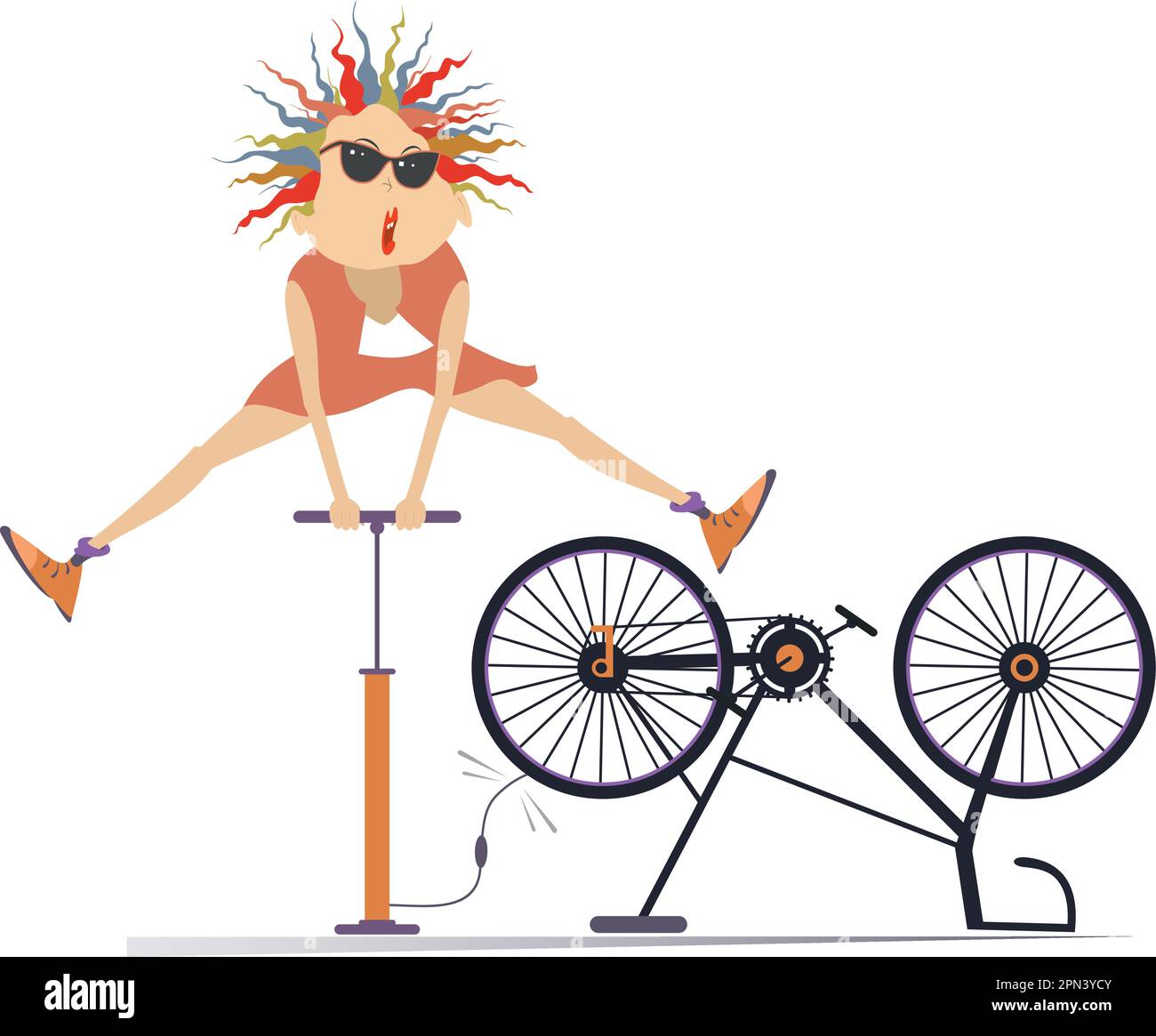 Cycliste et vélo cassé. La cycliste gonfle la roue de la bicyclette. Le sportif répare la bicyclette Illustration de Vecteur