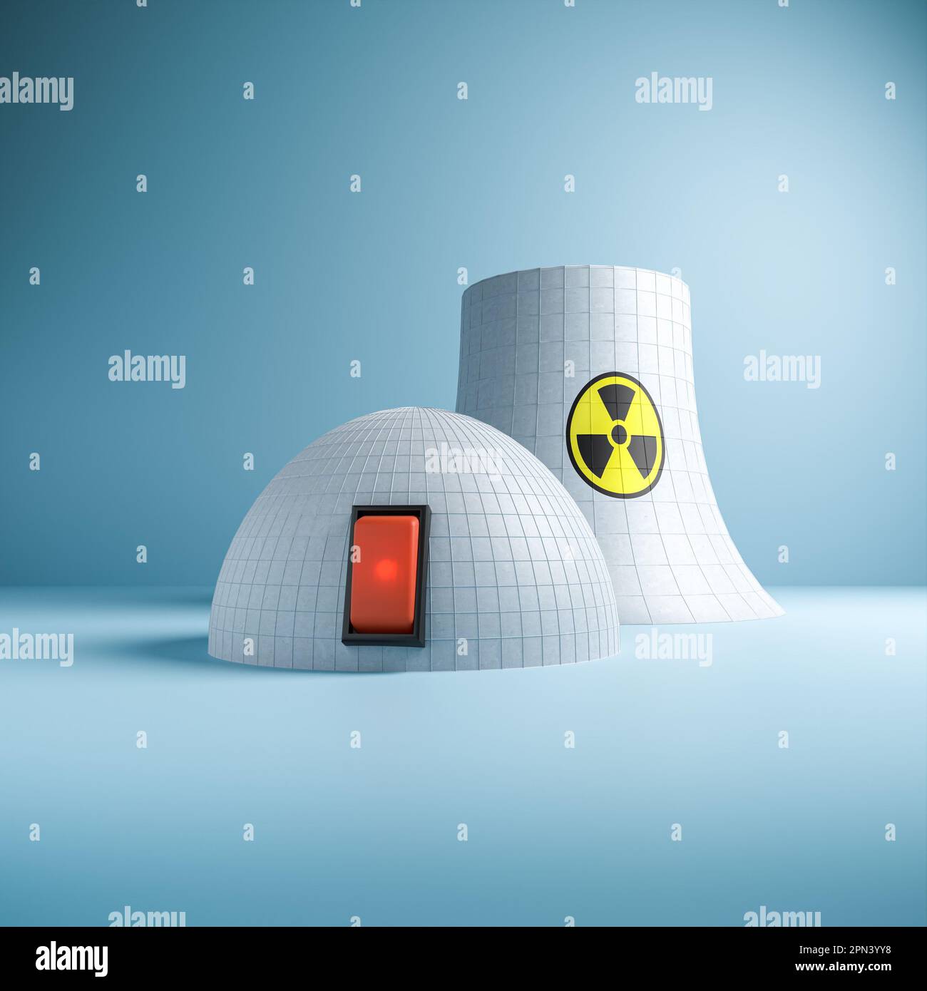 Arrêt des centrales nucléaires concept - un bâtiment de réacteur avec un interrupteur et une tour de refroidissement avec un panneau de rayonnement Banque D'Images