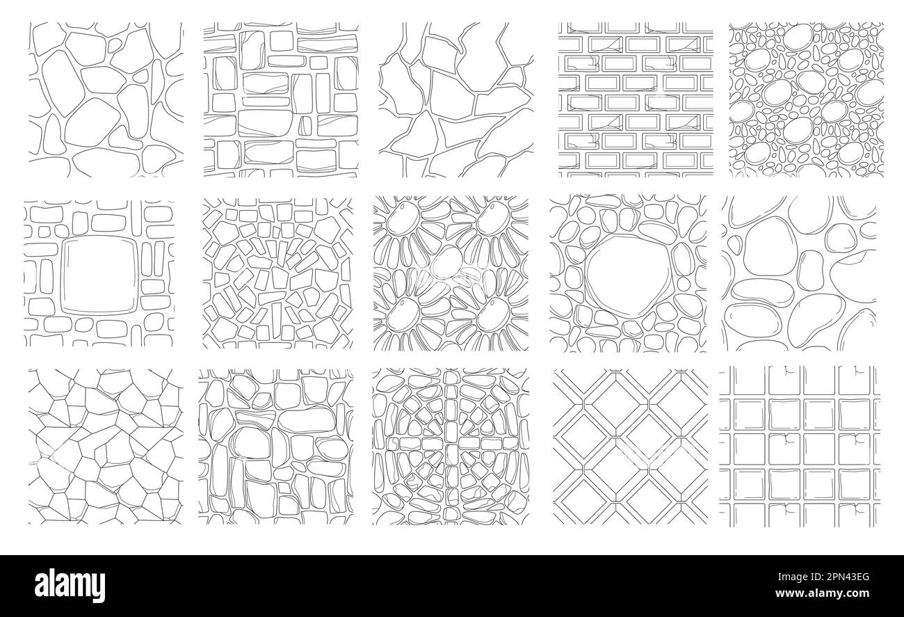 Jeu de dessin à la main de pierres de pavage et de textures de briques. Décrivez les modèles sans couture de la chaussée de la rue. Mur ou chemin pavés, carrelage vue de dessus. Éléments de conception d'arrière-plans naturels texturés. Illustration de Vecteur