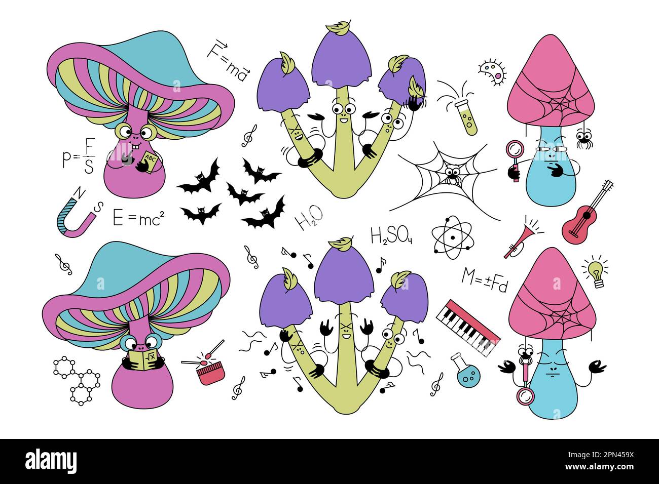 Ensemble de champignons de dessin animé. Collection d'œuvres d'art à pinces plates de style rétro. Illustration de Vecteur