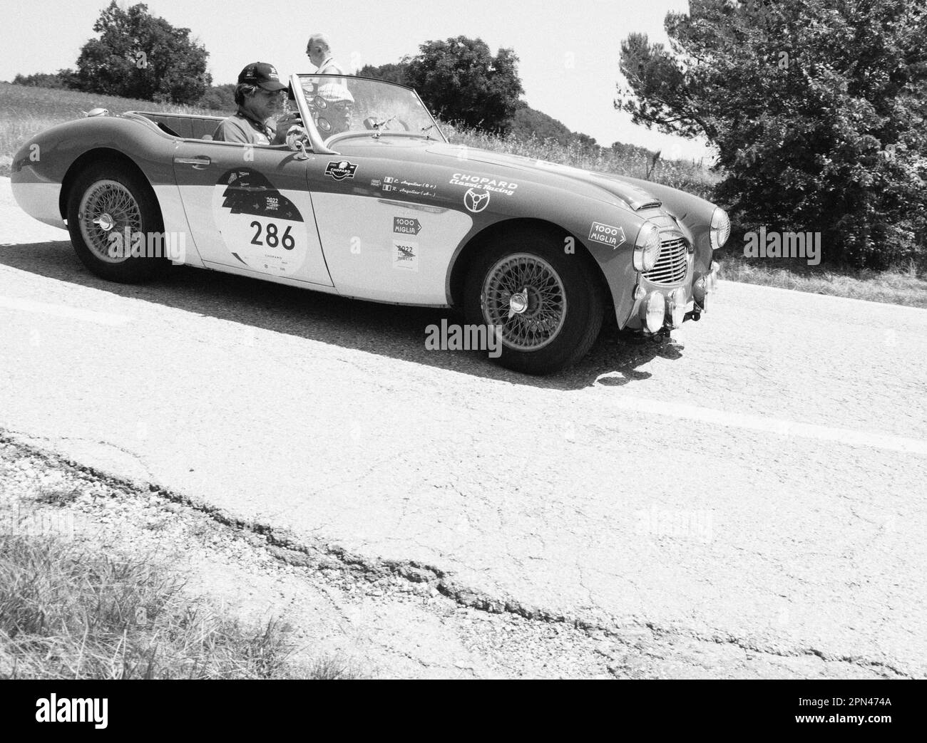 URBINO, ITALIE - 16 - 2022 JUIN : AUSTIN HEALEY 100 6 1957 sur une vieille voiture de course en rallye mille Miglia 2022 la célèbre course historique italienne Banque D'Images